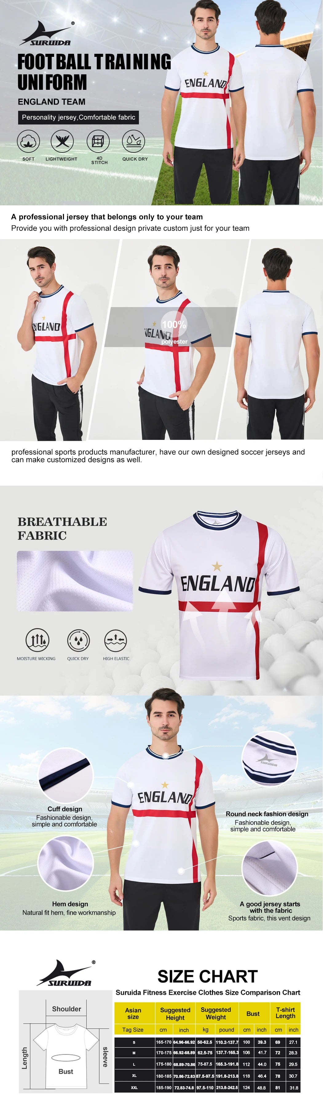 Hot Selling Yingruida England Adults' Soccer Jersey European National Soccer Shirt Football Shirt  for Men Casual Training Shirt