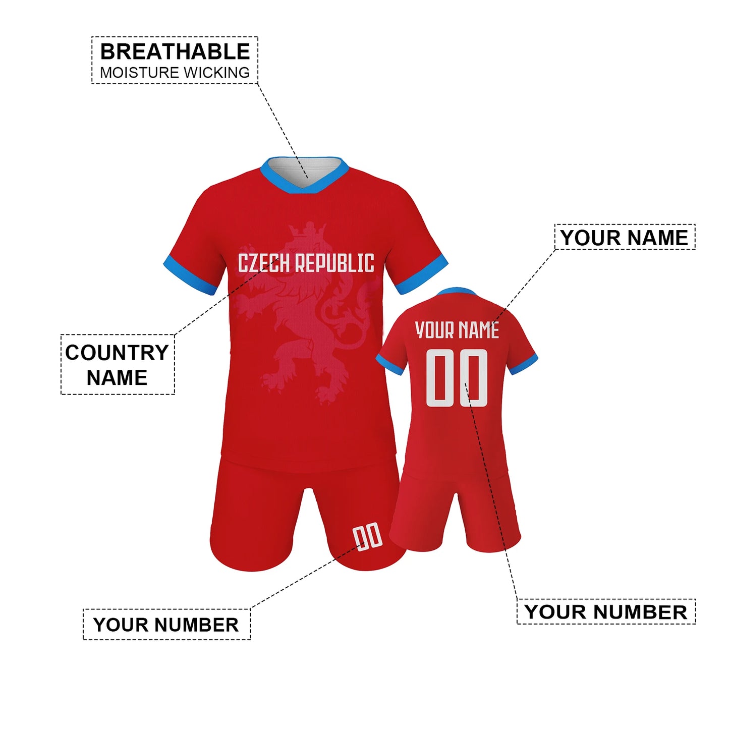 Czech Republic Kids Custom Football Jersey Shorts Kit for Boys Girls Personalized Soccer Team Uniform with Name Number Fans Gift
