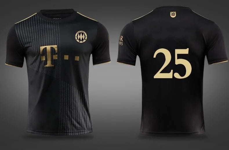 Summer 2025 Football Set Bayern Away Black Gold No. 25 Muller Game Training Suit Children's Custom Sports Breathable Jersey