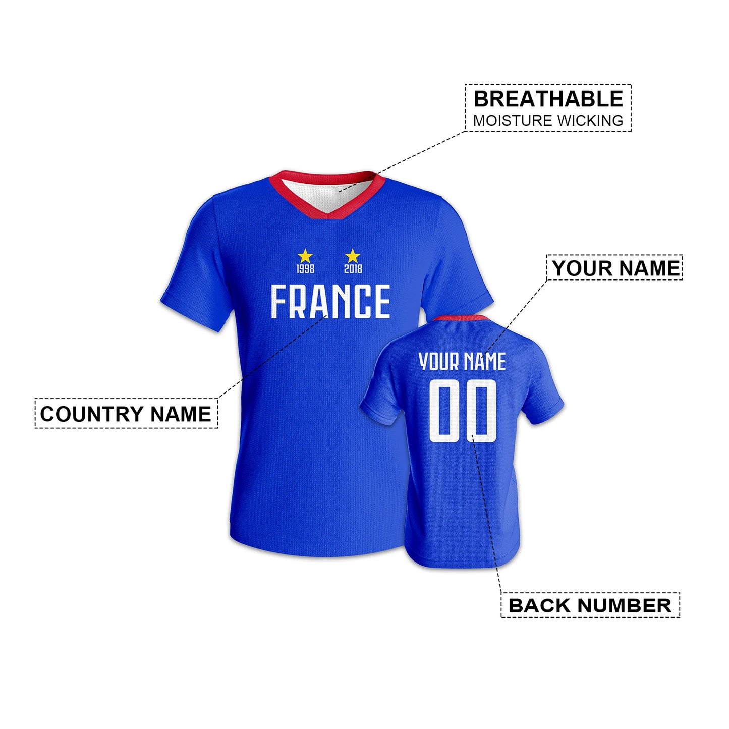 Custom France Soccer Jersey Quick-Dry Football Kit Personalized Name Number Sports Uniform for Kids Adults Fans Training
