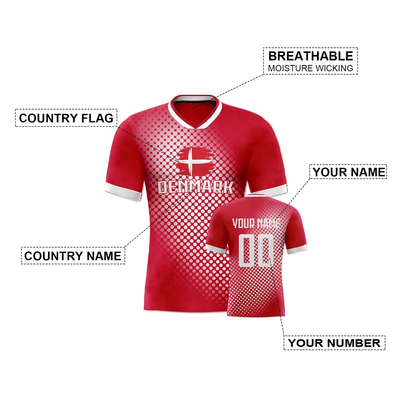 Denmark National Soccer Jersey with Name Number Flag Polka Dot Pattern Football Shirts Soccer Team Fans Men Women Youth Gifts