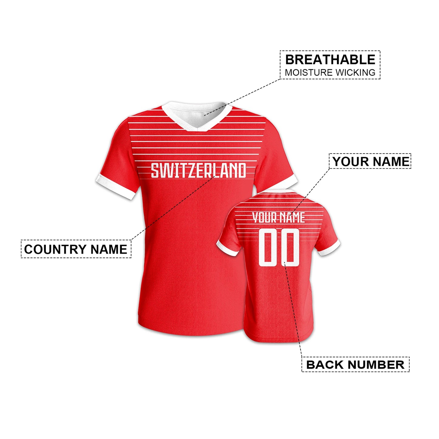 Personalized Switzerland Football Jersey Youth Soccer Uniform Custom Name Number Breathable Quick-Dry Athletic Clothes Unisex