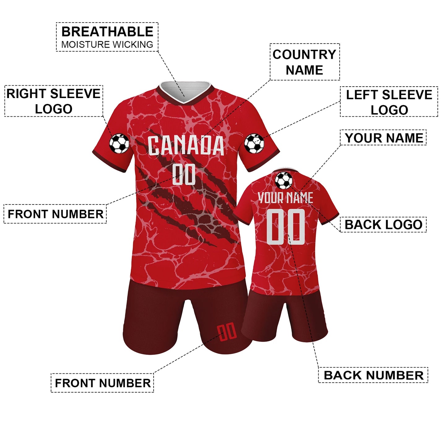 Custom Canada Youth Soccer Jersey Kids Football Uniform Set 2025 New 3D Printed Soccer Set Personalized Soccer Set Youth Sizes