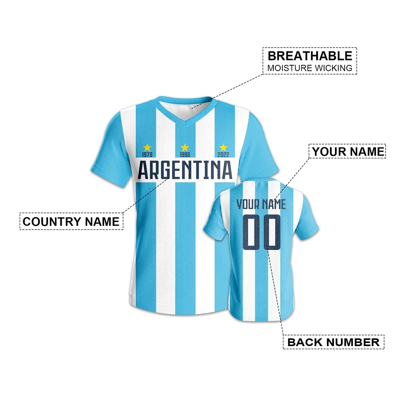 Custom Argentina Soccer Jersey Unisex Personalized Name Number Football Shirt Training Uniform for Fans Adults Youth Gift