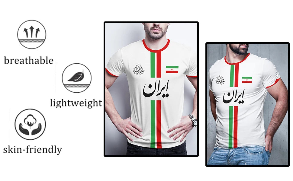 Iran Football Jersey Summer Sports Breathable Quick-drying O-Neck Short Sleeve T-shirt Iranian Flag Map Pattern Unisex Tops Gift