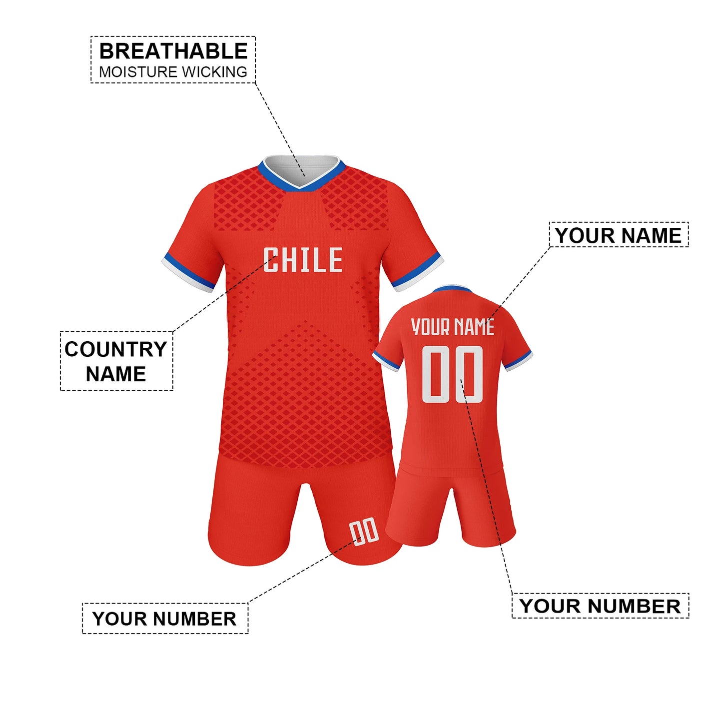 Custom Chile Kids Soccer Jersey Kit for Boys and Girls Personalized with Name Number Sublimation Football Training Uniform