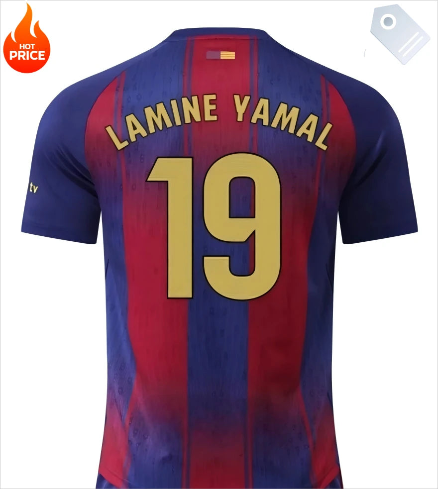 25-26 Barcelona  #19 Lamine Yamal Home Soccer Kit Jersey Short Sleeve 3Ds Football T-Shirt Youth Kids Outdoor Training  Casual