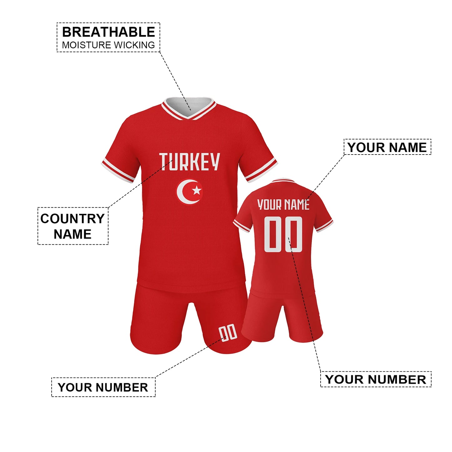 Turkey Custom Football Jersey Shorts Set for Kids Personalized Soccer Team Uniform with Name Number Boys Girls Tracksuit