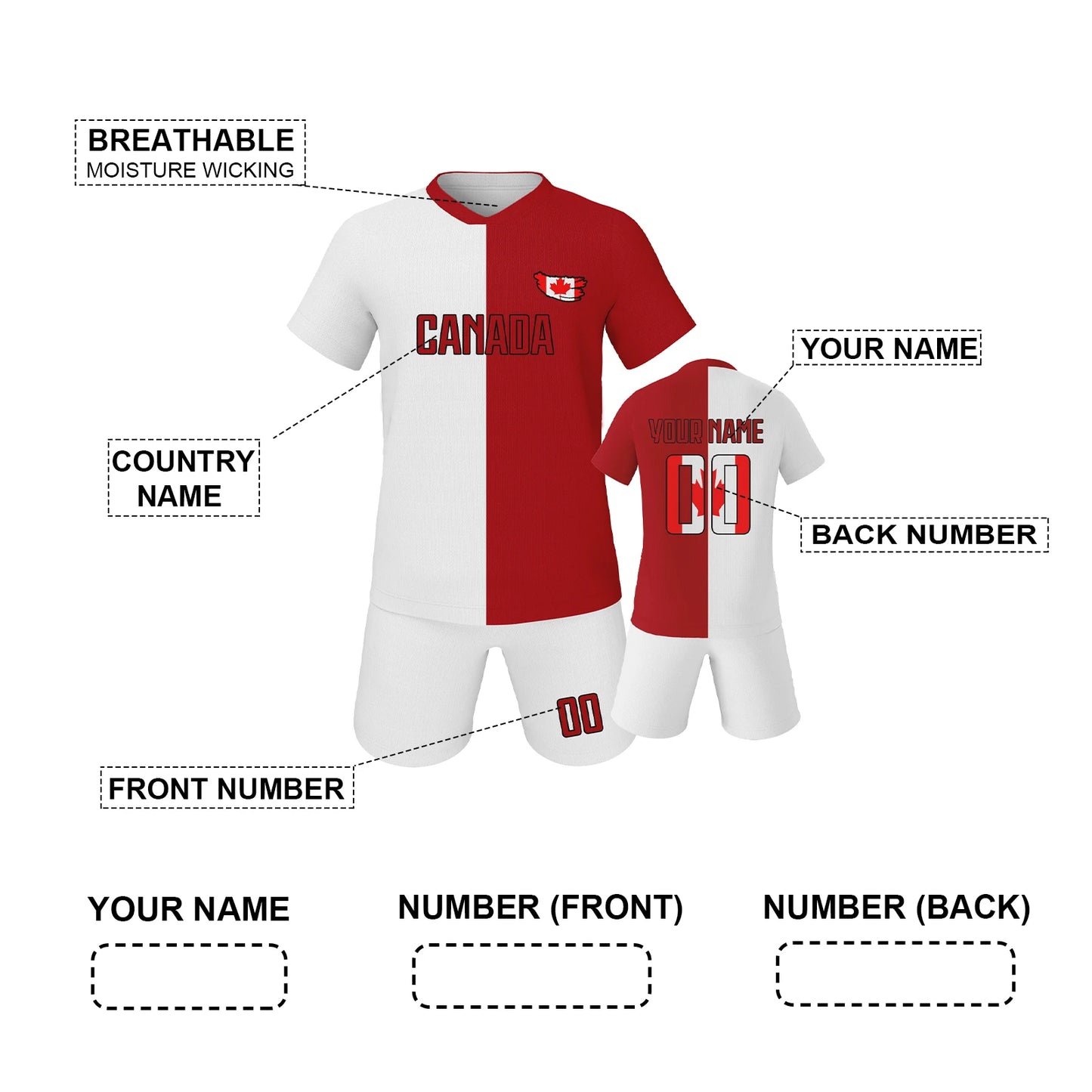 Personalized Canada Soccer Uniform for Kids Custom Youth Jersey and Shorts Kit 2025 New 3D Printed Soccer Set